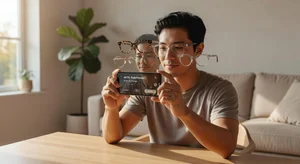 Person trying on eyeglasses frames with AR technology