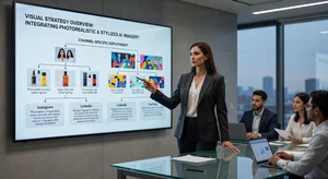 A confident brand manager reviewing a cohesive visual strategy that strategically incorporates both photorealistic and stylized AI images across different marketing channels