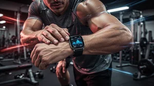 Person checking smartwatch fitness data after workout in gym with AI health metrics on wrist display