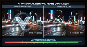 Close up showing AI watermark removal process on video frame
