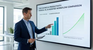 Productivity metrics chart showing significant time savings with AI-assisted workflow versus manual marketing tasks, clear upward performance trend visualization
