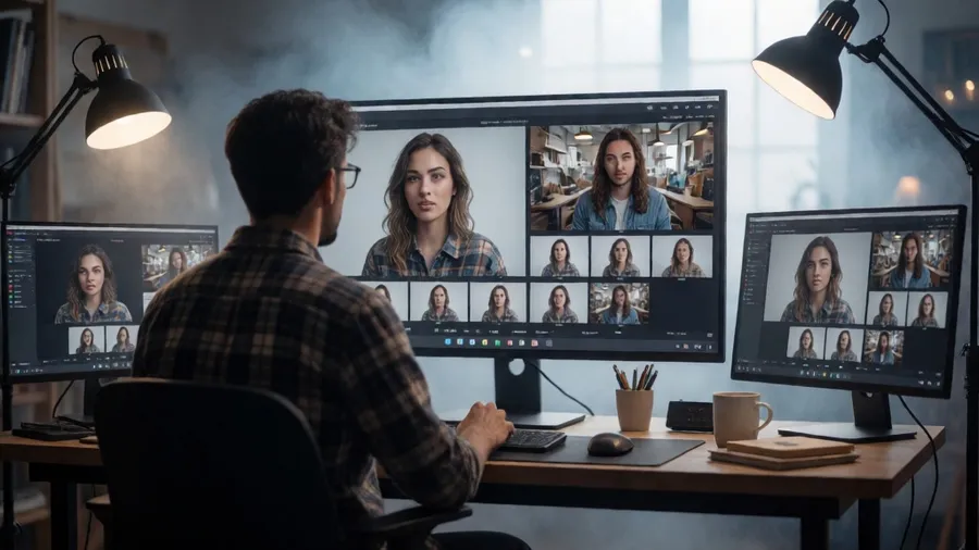 Content creator reviewing AI-generated video clips in production workspace