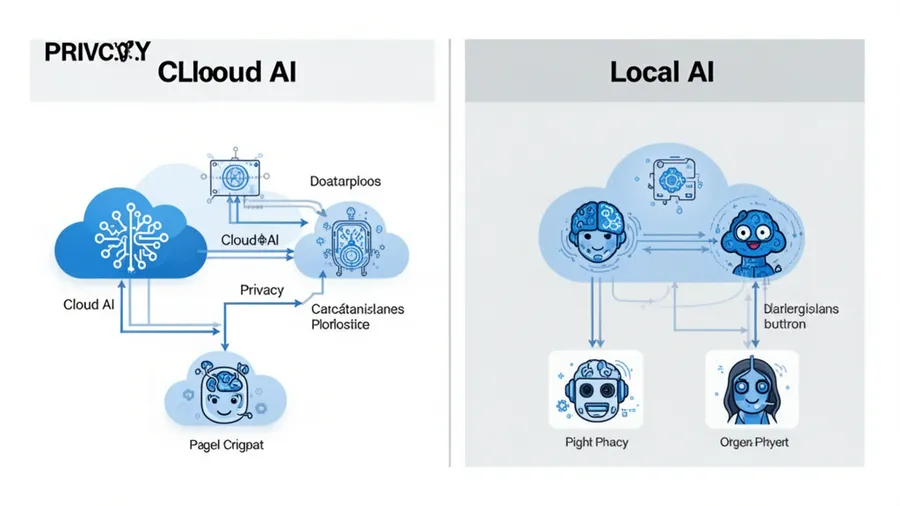 Privacy comparison diagram showing data flow for cloud AI versus local AI with security benefits highlighted