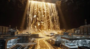 Golden digital waterfall of money flowing into AI infrastructure