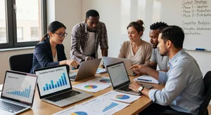 Small brand content team collaborating with laptops and content strategy documents, productive natural office environment