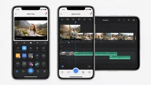 Mobile video editing interface showing timeline with vertical video clips, transitions, and text effects