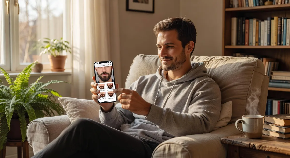 A comparison grid showing the same face with various beard styles including stubble, goatee, full beard, and mustache
