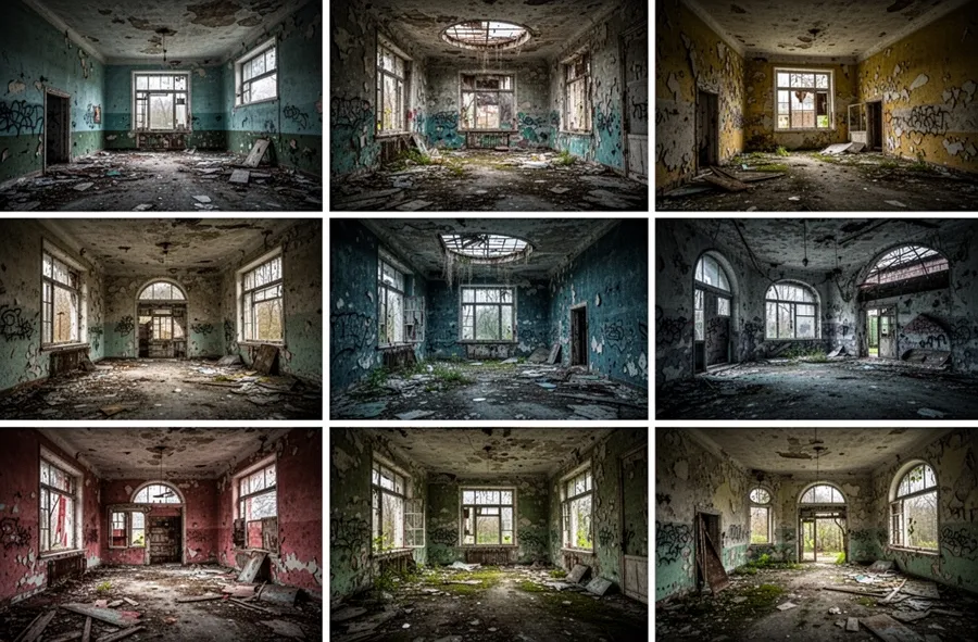 A moody atmospheric collection of abandoned architectural spaces with unusual color palettes, showing how AI suggests unexpected creative directions
