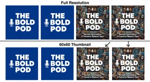 A side-by-side comparison showing podcast cover art at full resolution versus at Spotify search thumbnail size (approximately 60x60 pixels), demonstrating why bold simple designs with high contrast outperform detailed complex designs at small display sizes