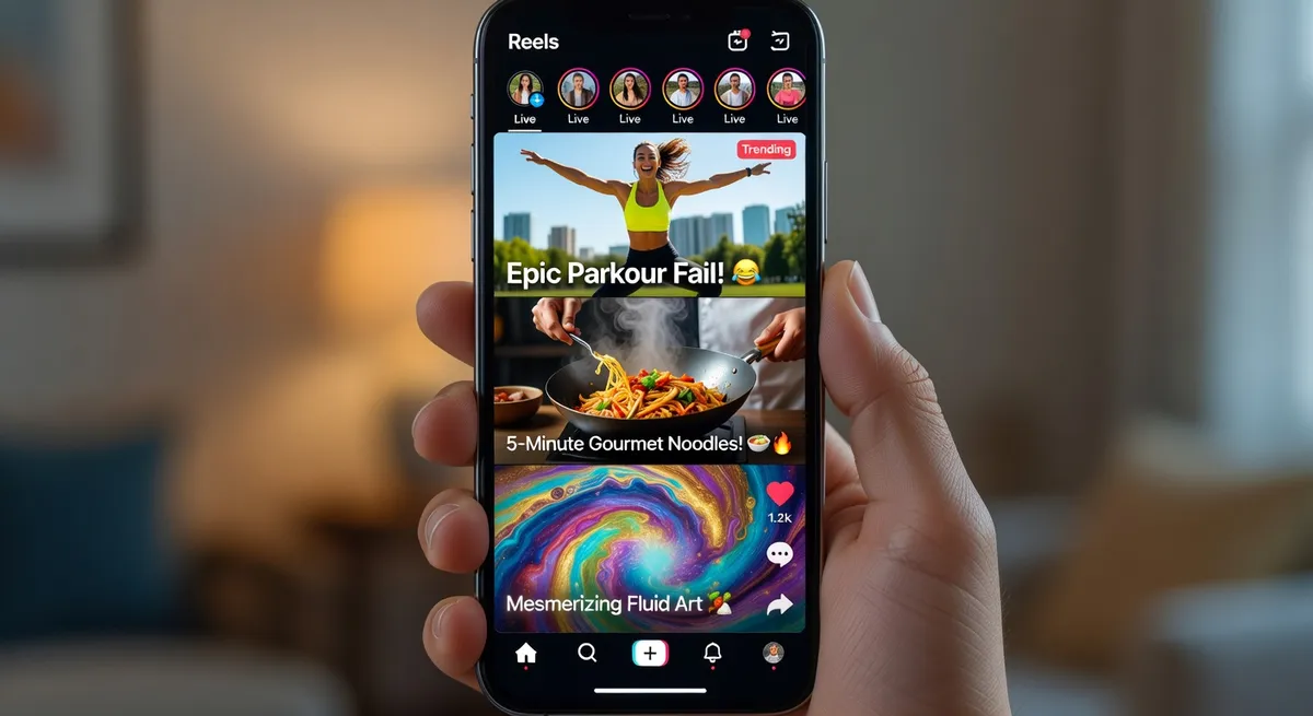 Phone screen showing Instagram Reels feed with engaging vertical video thumbnails