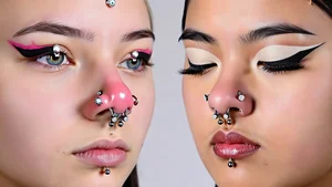 Face showing various nose and facial piercing options in contemporary style