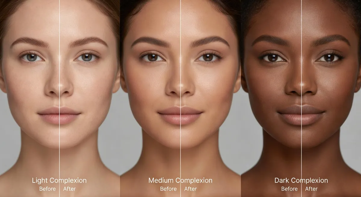 Split screen comparison showing same AI filter applied to different skin tones - light, medium, and dark complexions with balanced results