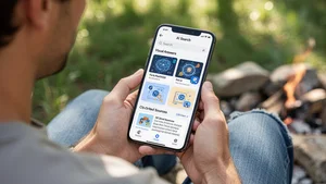 Person using smartphone showing AI search app with visual answers outdoors in natural lighting