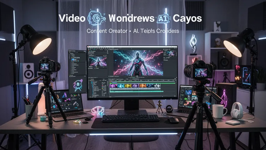 Content creator workspace with AI tools, video editing software, and creative studio