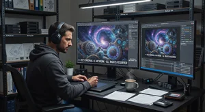 Digital artist working on original AI artwork with watermark tools, professional creative workspace, copyright protection workflow