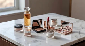 A phone screen showing a virtual makeup try-on app interface with multiple product options and color palettes