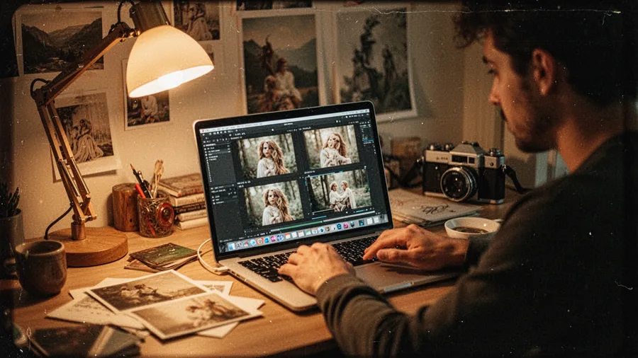 Content creator editing photos with vintage film aesthetic in creative workspace