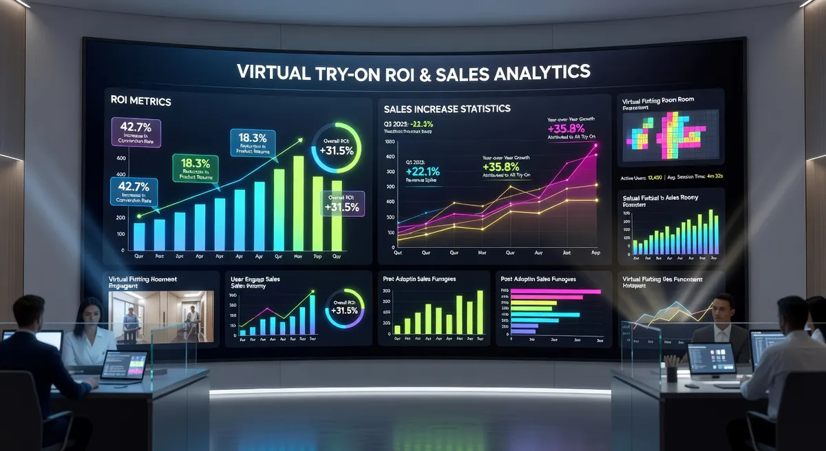 Retail manager presenting year-over-year comparison charts showing decreased operational costs and improved profit margins after virtual try-on setup