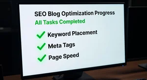 SEO optimization checklist on screen with green checkmarks on completed tasks including keyword placement meta tags and image optimization
