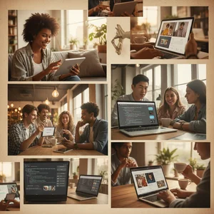 Diverse group of people using AI on phones, laptops, and tablets in offices, cafes, and homes