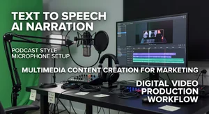 Podcast style recording studio setup with microphone showing multimedia content creation workflow for video and audio production