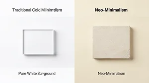 A side by side comparison showing traditional cold minimalism with pure white backgrounds versus neo-minimalism with warm cream tones and subtle textures