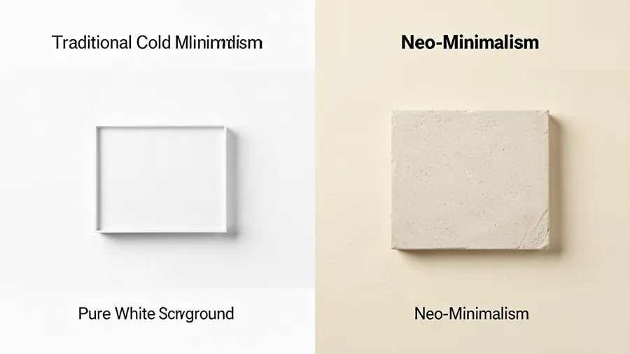 A side by side comparison showing traditional cold minimalism with pure white backgrounds versus neo-minimalism with warm cream tones and subtle textures