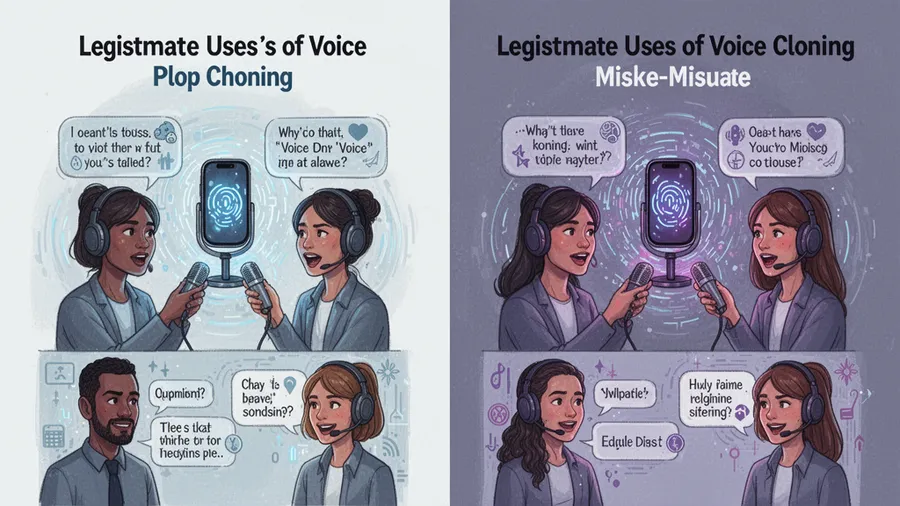 Ethical debate illustration showing legitimate uses of voice cloning versus misuse and the gray areas between