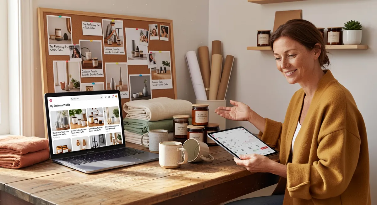 Keyword research and SEO optimization workspace, laptop showing Pinterest trending topics, keyword planner tools, competitive analysis charts, sticky notes with hashtags and keywords, coffee cup, organized desk setup, productive workflow