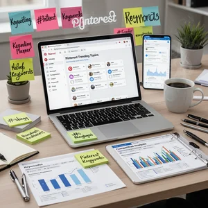Keyword research and SEO optimization workspace, laptop showing Pinterest trending topics, keyword planner tools, competitive analysis charts, sticky notes with hashtags and keywords, coffee cup, organized desk setup, productive workflow