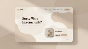 Modern minimalist web interface with warm beige tones, soft shadows, and organic shapes balanced with clean typography