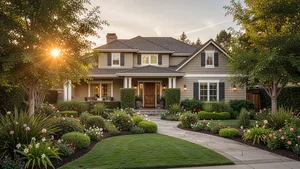 House exterior with beautiful landscaping photographed during golden hour