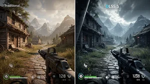 Split comparison showing traditional rendered game scene on left versus DLSS 5 enhanced version on right with dramatic quality improvement