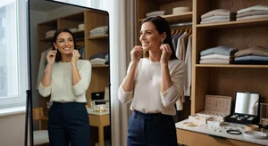 Person confidently choosing accessories with necklace and earrings