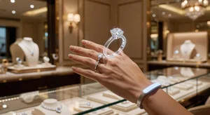 Close-up of hands trying on diamond ring with AR technology
