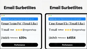 Split screen comparison of email subject line variations with performance metrics