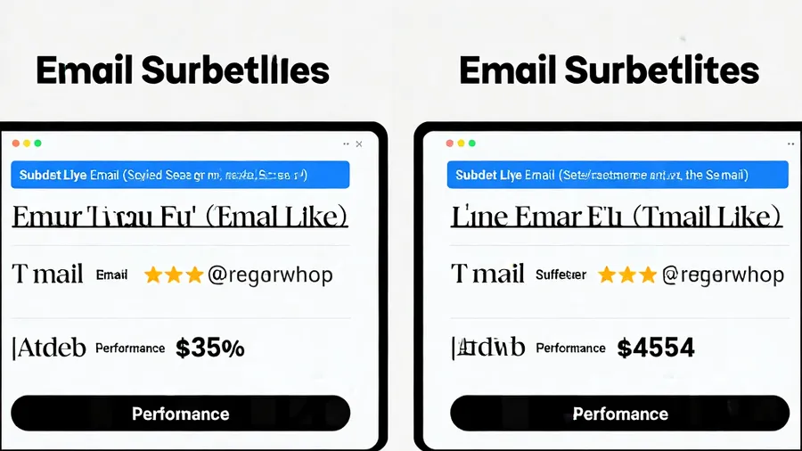 Split screen comparison of email subject line variations with performance metrics