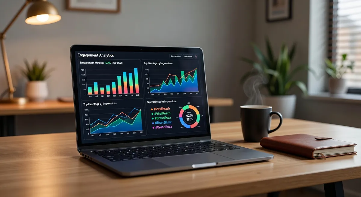 Social media analytics dashboard showing engagement metrics and hashtag performance data, colorful charts and graphs, modern workspace with laptop, warm professional lighting