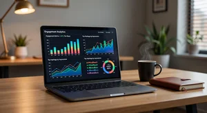 Social media analytics dashboard showing engagement metrics and hashtag performance data, colorful charts and graphs, modern workspace with laptop, warm professional lighting