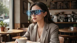 Person wearing AI smart glasses at a cafe