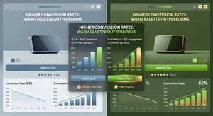A comparison of two ecommerce product pages side by side, one with a cold gray-blue palette showing low engagement metrics and one with a warm trust-building green-gold palette showing higher conversion rates