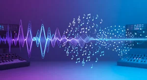 AI music waveform with neural network overlay