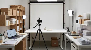 E-commerce seller workspace with product photography setup, professional lighting, clean organized workflow