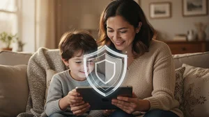 Parent and child looking at tablet together with AI safety shield visible, warm family setting