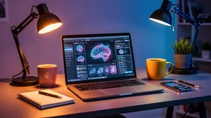 Modern content creator workspace with AI tools and professional setup