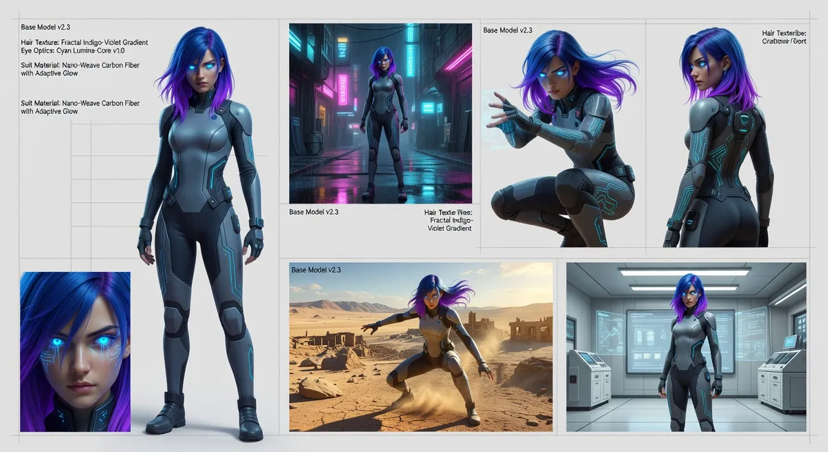 Example of a character style guide showing reference images, consistent features, and prompt templates for maintaining character appearance