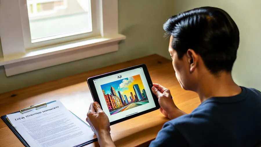 Person reviewing AI artwork on tablet alongside legal documents in a home office