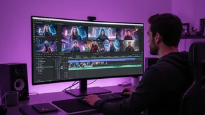 Content creator reviewing AI generated video clips on ultra-wide monitor with timeline editing interface visible in a modern creative studio
