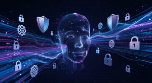Conceptual illustration showing facial recognition data points being processed with privacy symbols, encryption icons, and data flow visualization