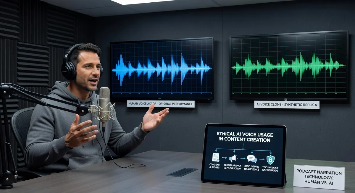 Voice actor and AI voice clone comparison showing waveform analysis, ethical AI voice usage in content creation, podcast narration technology